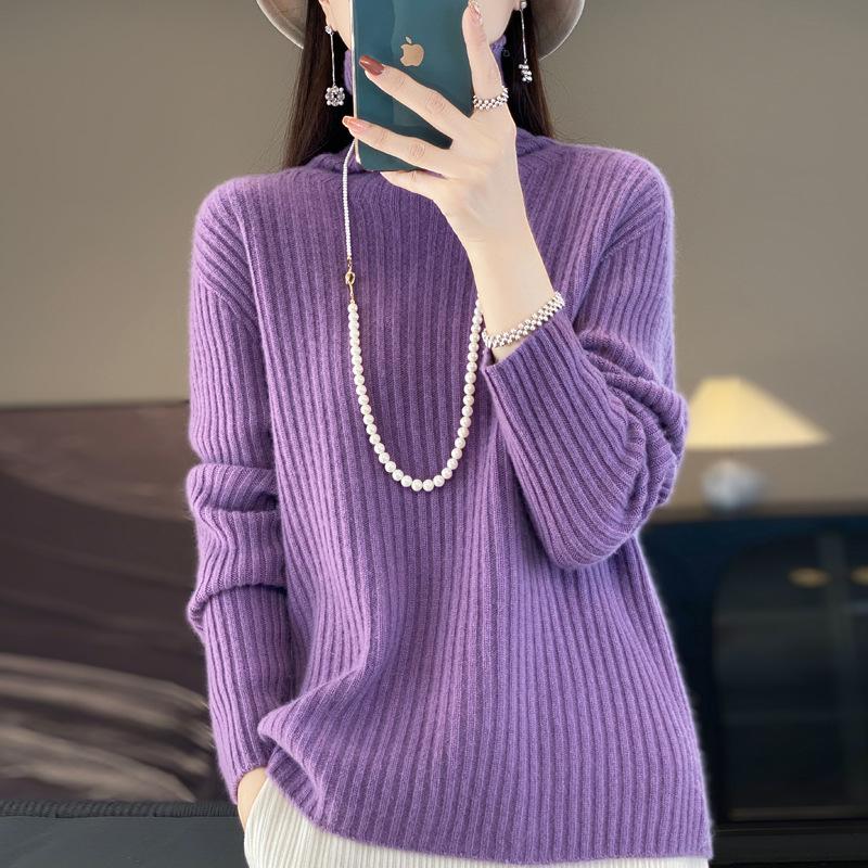 Women's High-Neck Thick Knit Sweater, Autumn/Winter Korean Style, Loose Fit, Slouchy Neck Knitwear