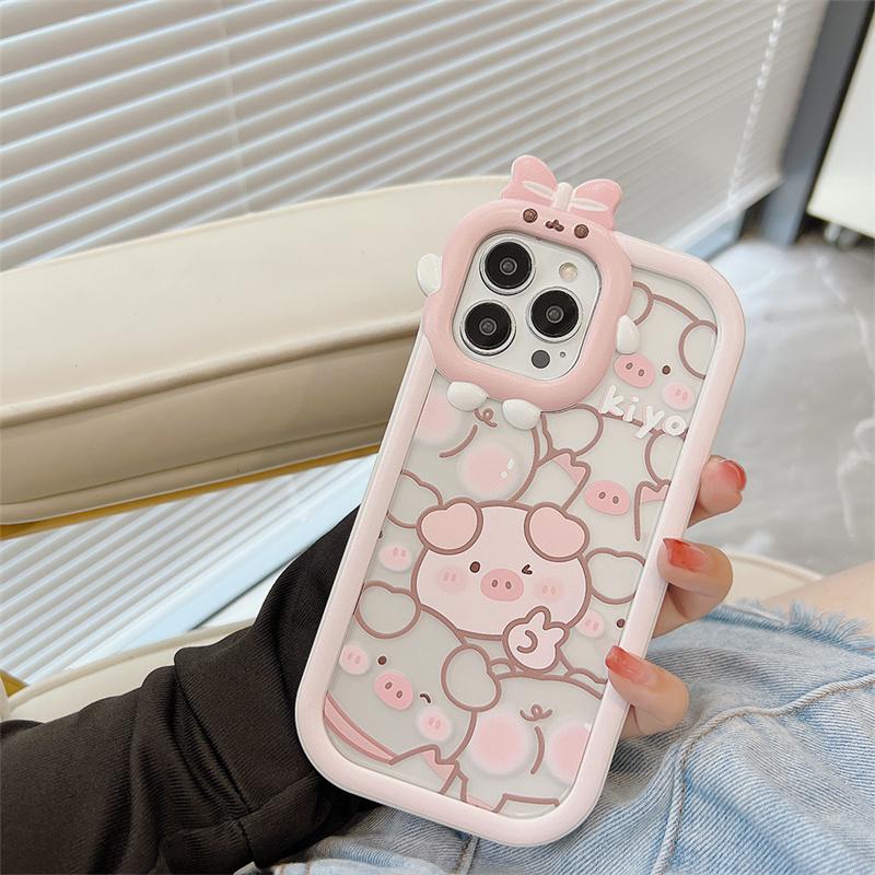 Kreative Persönlichkeit niedlichen 3D-Bär Rahmen Cartoon Linie rosa Schwein 2 in 1 Anti-Fall-Shell für iPhone 14 13 12 11 Pro Max Handyhülle