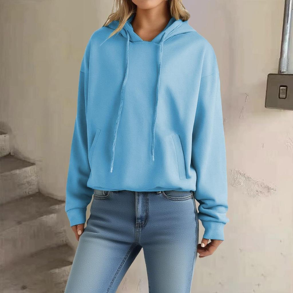 Women's Loose Long Sleeved Pullover With Drawstring And Pocket Hooded Solid Color Hoodie