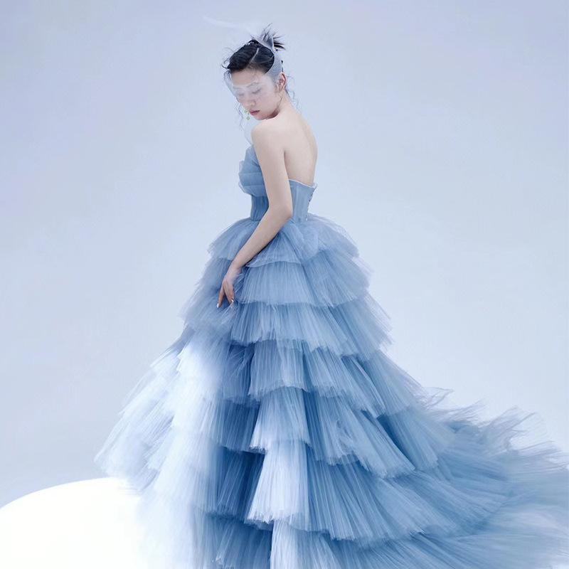 Blue Wedding Dress 2025 New Clothing Street Shot Puffy Gauze Skirt One-word Shoulder Wedding Dress