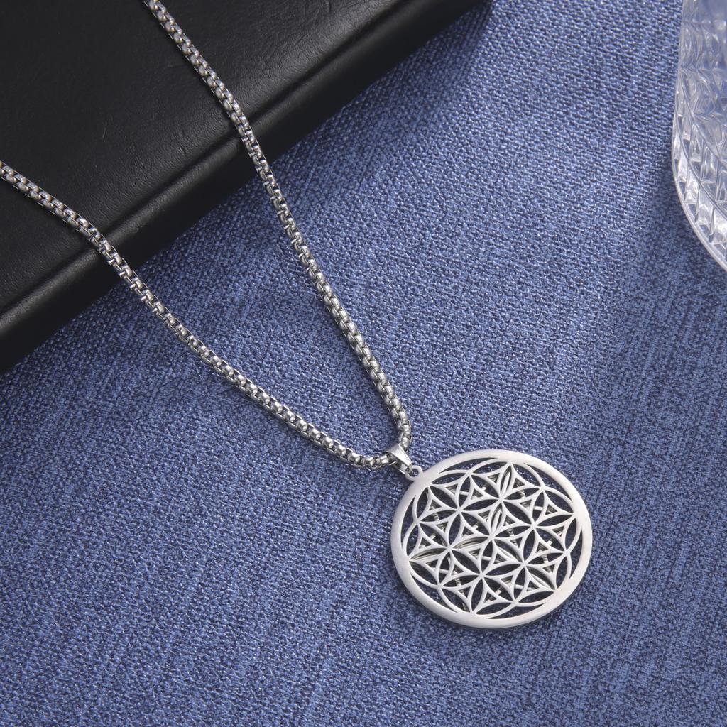 LIKGREAT Złoty Kolor Okrągły Kwiat Życia Merkaba Wisiorek Naszyjnik Amulet Medytacyjny Biżuteria ze Stali Nierdzewnej Prezenty na Walentynki