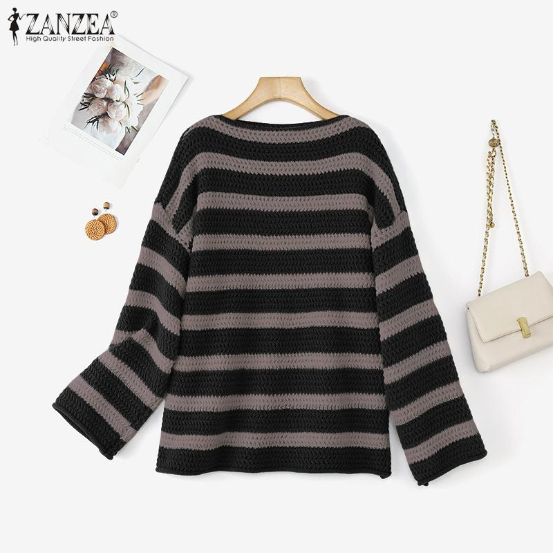 

ZANZEA Women O-neck Long Sleeve Striped Knitted Pullover Sweaters Knitwear Jumpers 2XL коричневый