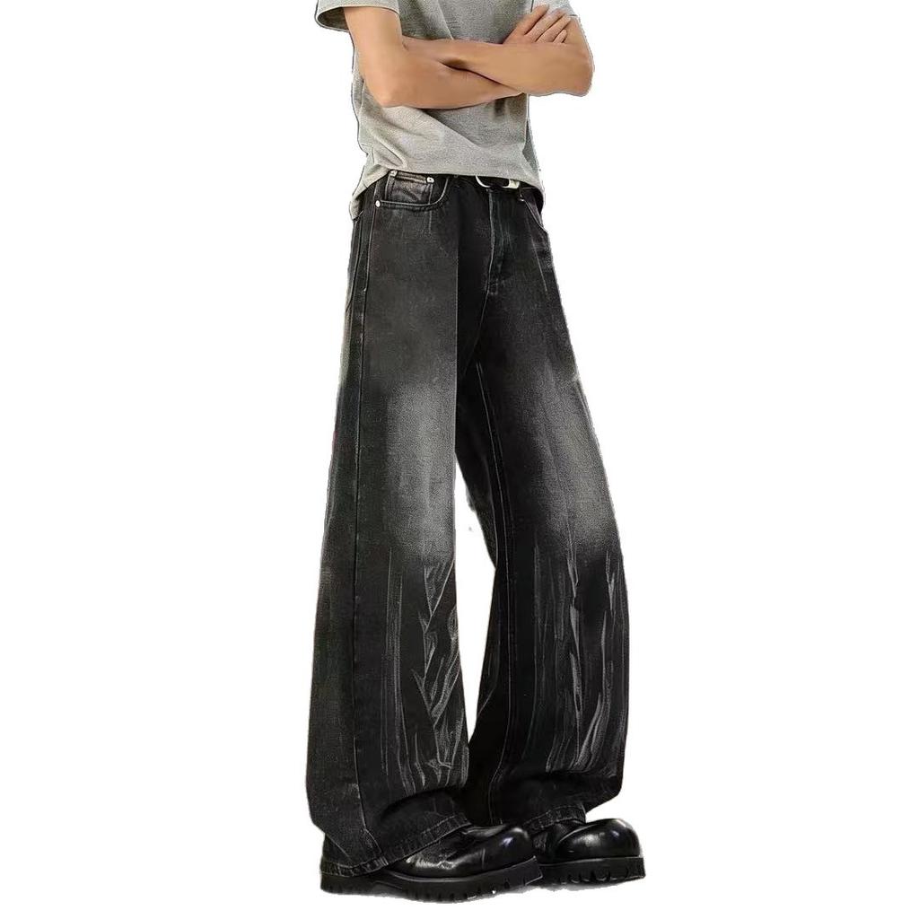 American high street tie-dye jeans men's summer trendy brand ruffian handsome fried street vibe slim straight casual wide-leg pants