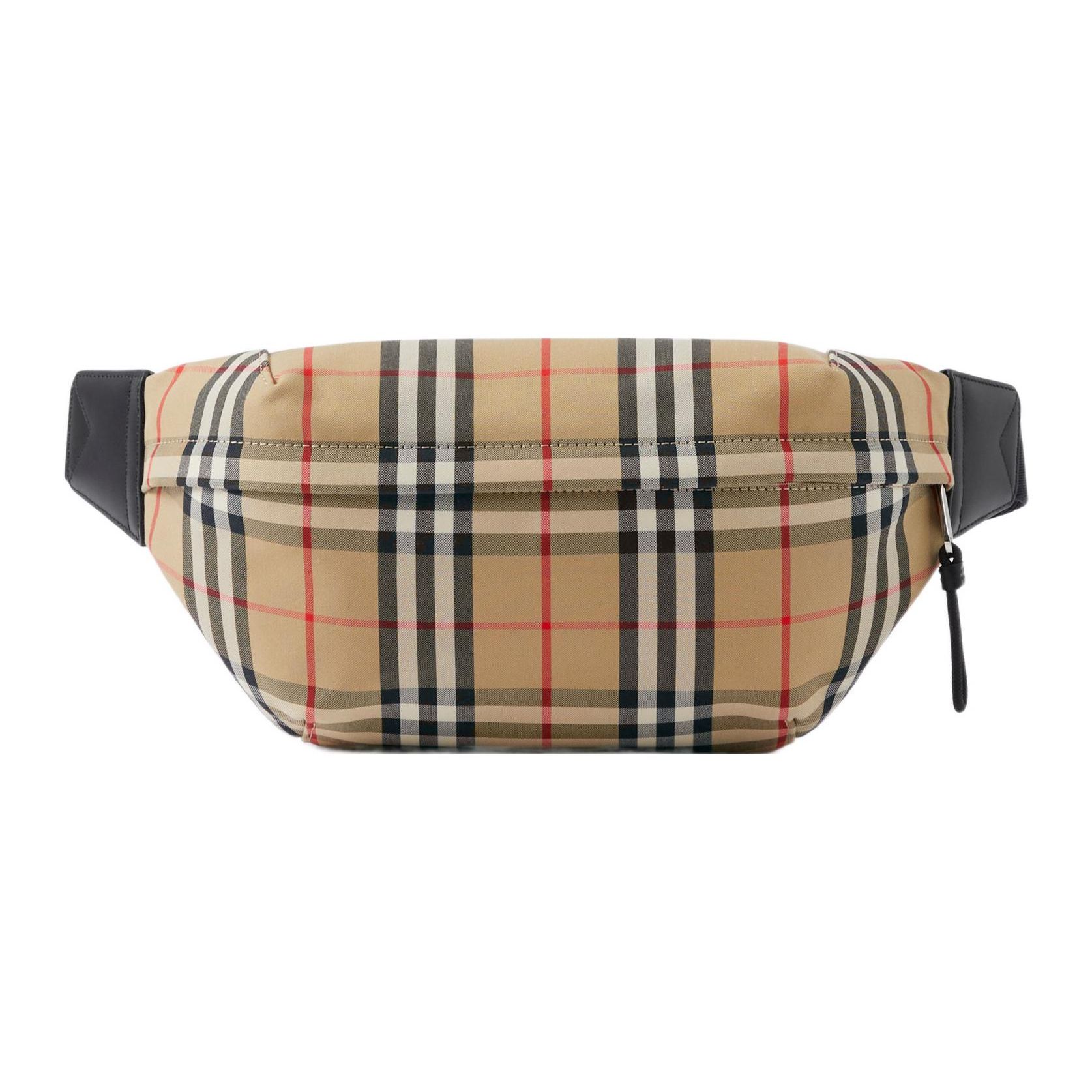

Burberry Vintage Check Canvas Waist Bag Beige Black Leather Trim Casual Daily Travel 80104301 Gift Set(Basic Set+Box+Shopping Bag)