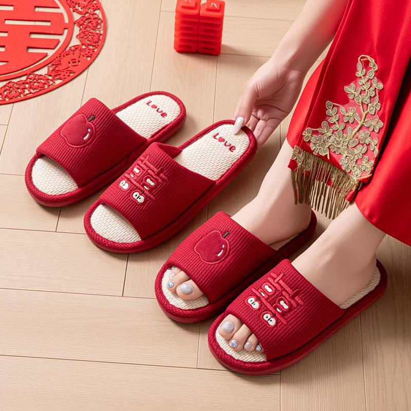 Wedding Slippers Autumn Winter Luxury Red Couple Matching Anti-Slip Breathable Men'S Women'S Home Comfort House Slippers Shoes