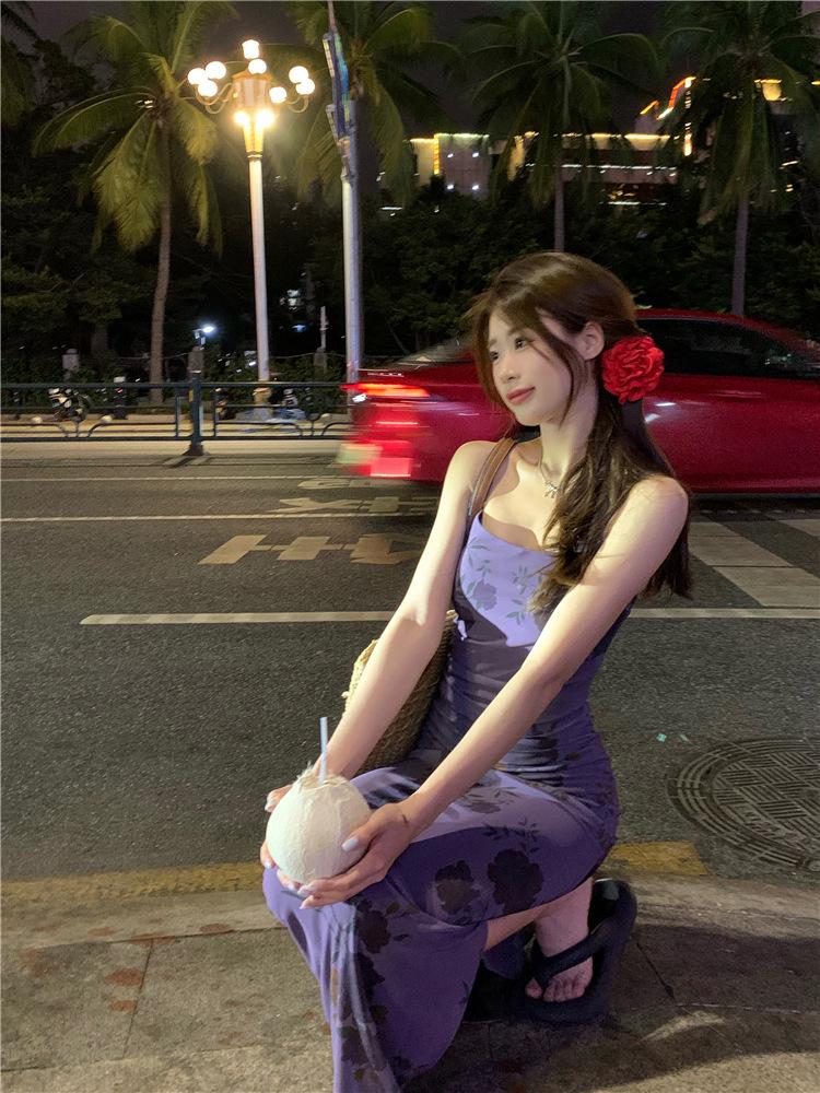 French Purple Floral Spaghetti Strap Dress - Women's Summer 2024 Waist-Hugging Long Tea Dress