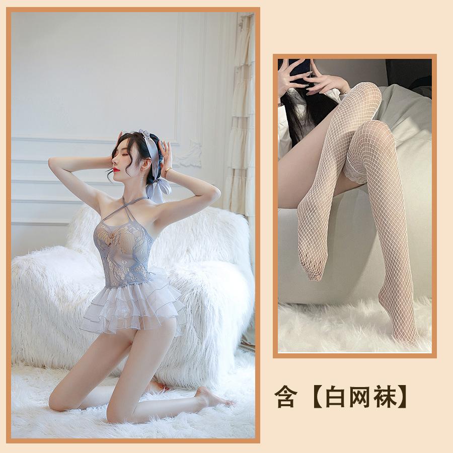 Sex Underwear, Sexy Cross Shoulder Straps, Transparent Mesh Dress, Short Skirt, Headgear Set, Uniform Temptation and Beauty