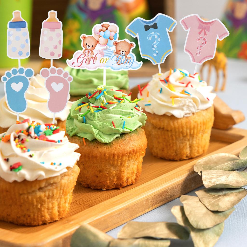 12pcs Boy or Girl Cupcake Toppers Glitter Onesie Jumpsuit Baby Shower Kids Birthday Gender Reveal Party Cake Decorations Supplie