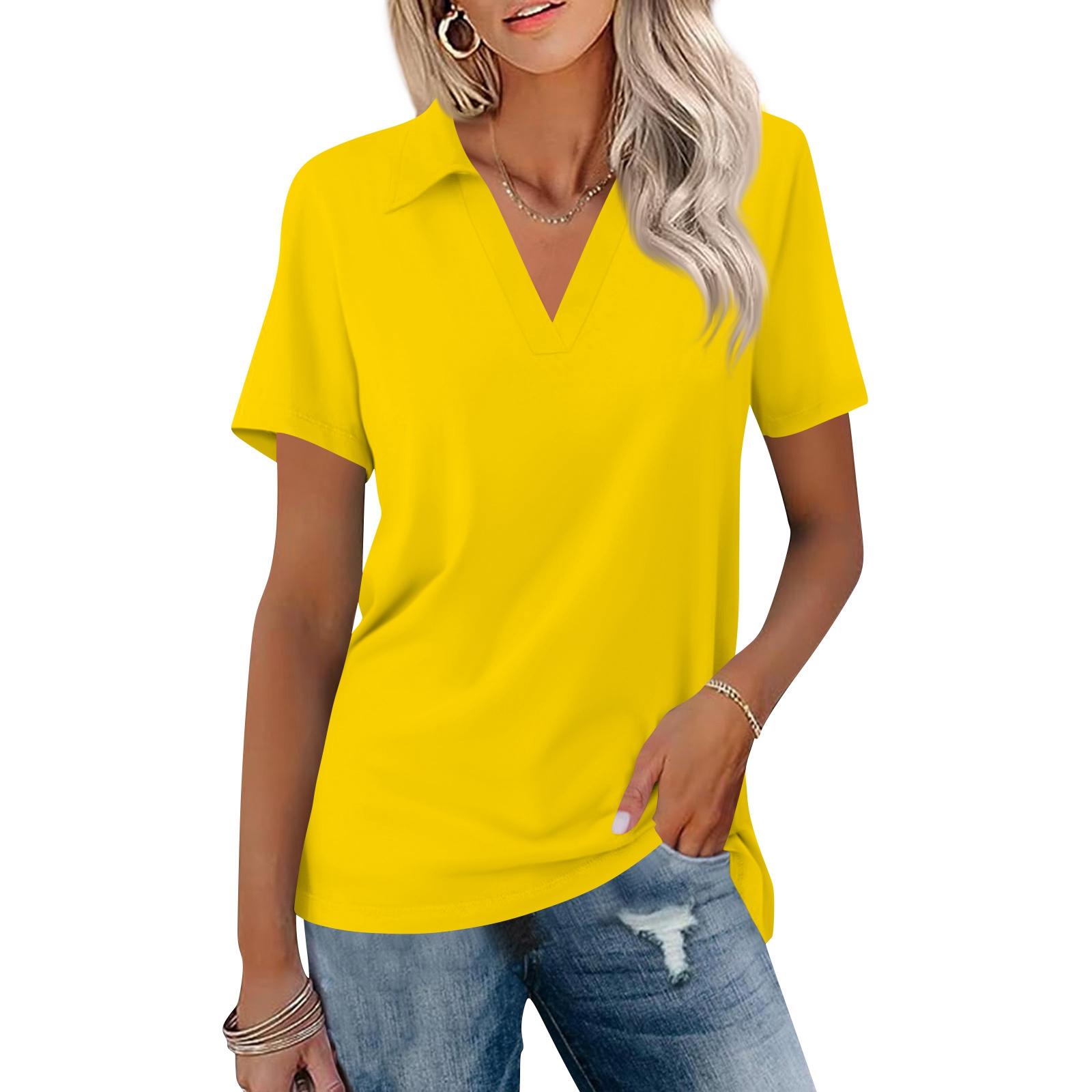 Women s Fashion Casual Lapel Short Sleeve Color Shirt Women s Up Tops XL жёлтый