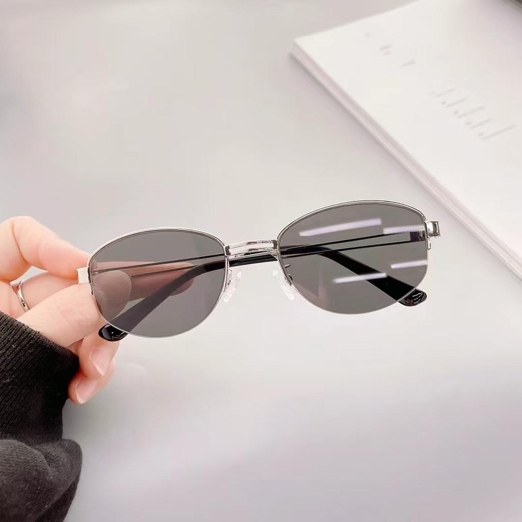Designersolglasögon i koreansk stil för kvinnor, oval form, halvinfattade solglasögon för kvinnor, vintage hiphop solglasögon för män