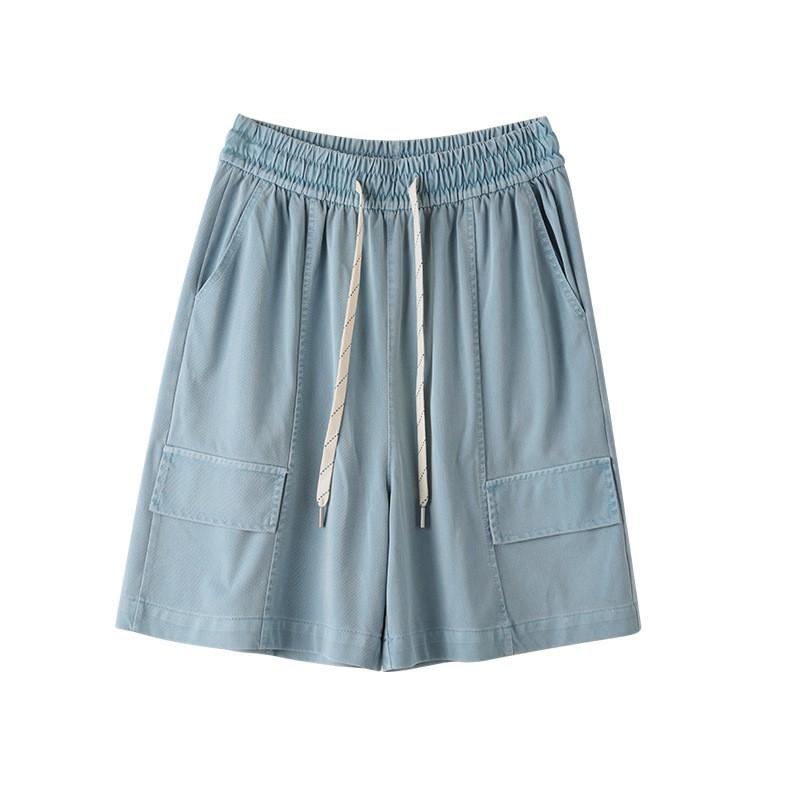 Womens Tencel Denim Shorts High Waist Loose Fit Cropped Wide Leg Cargo Style