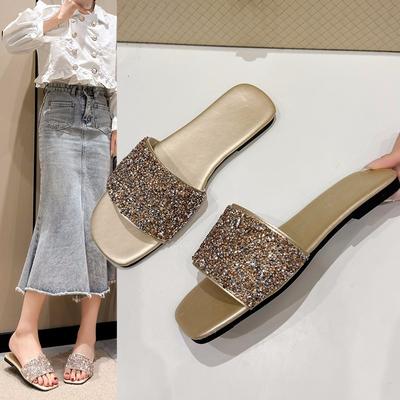 Large Size Sequined Slippers for Women To Wear  New Summer European and American Fashion Rhinestone Flat Bottom Sandals for Women