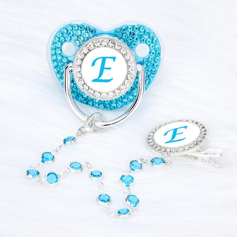 Lake Blue Rhinestone Baby Pacifier with Beaded Chain Clip