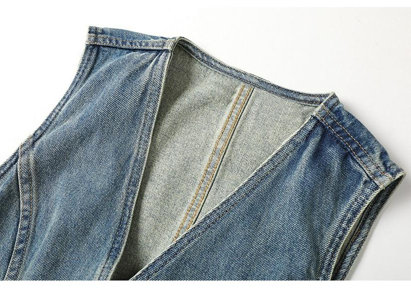 Women's V-Neck Denim Vest - Autumn 2024, Casual Single-Breasted Short Jacket