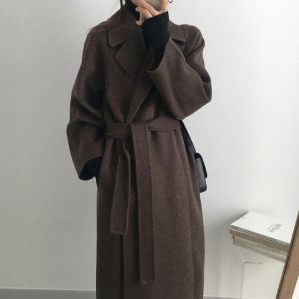 Women Lapel Wool Blend Coat Belted Waist Long Maxi Coat Loose Casual Elegant Winter Outerwear Wool Overcoat