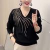 Autumn Winter Women Sweaters Pullovers Solid V-Neck Diamonds Temperament Fashion Casual Long Sleeve Bottoming Shirt Knit Tops