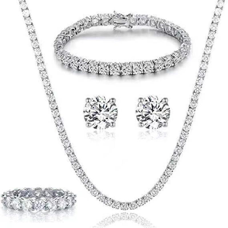 4Mm 3Mm Tennis Chain Micro-Inlaid Zircon Round Stud Earrings Necklace Bracelet Set