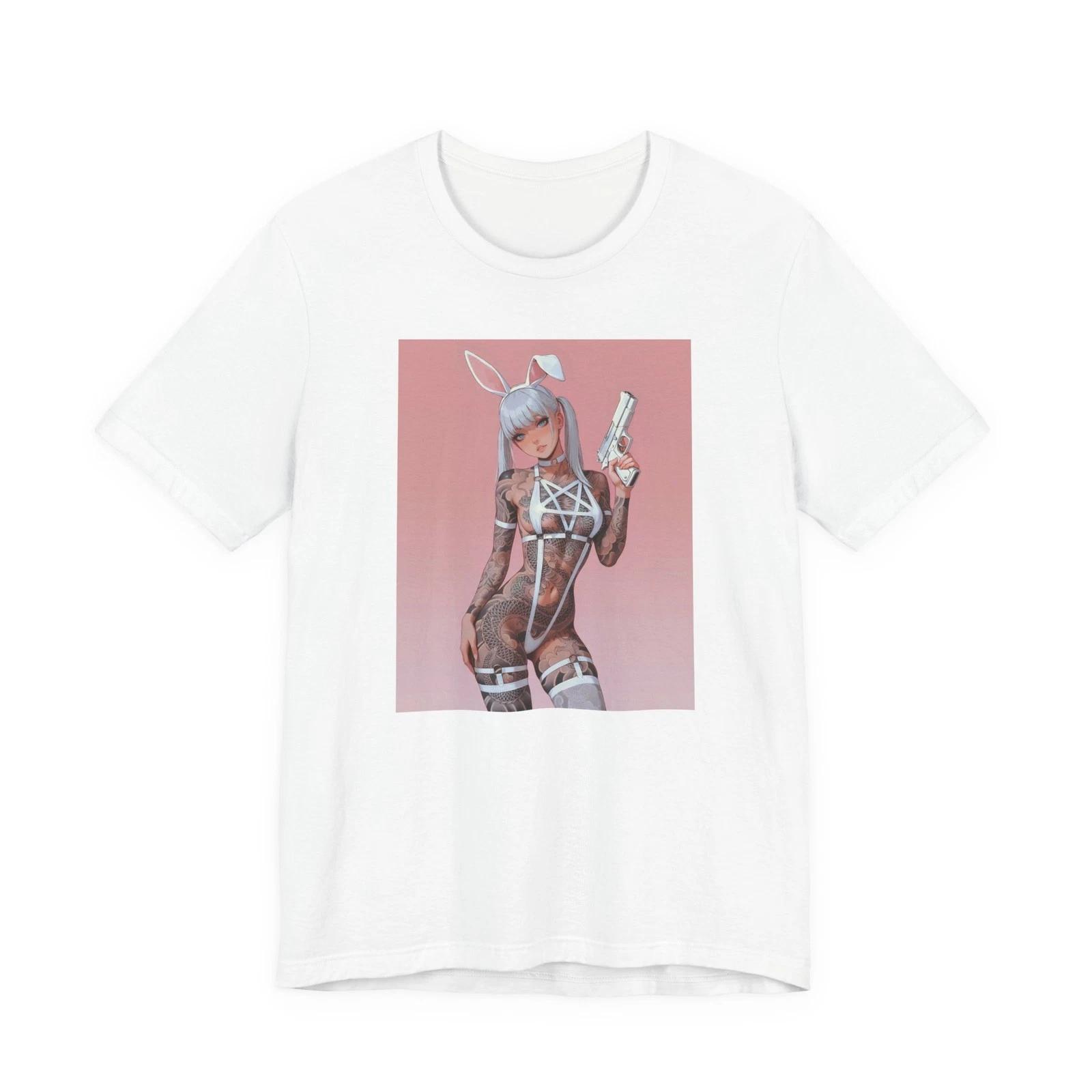 Edgy Bunny Girl with Gun T-Shirt Anime Pinup Tee Streetwear Casual Unisex Tee XXL