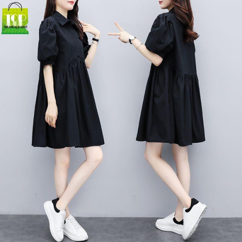

2025 Summer Plus Size Women s Tummy-Covering A-Line Dress with Lantern Sleeves L чёрный