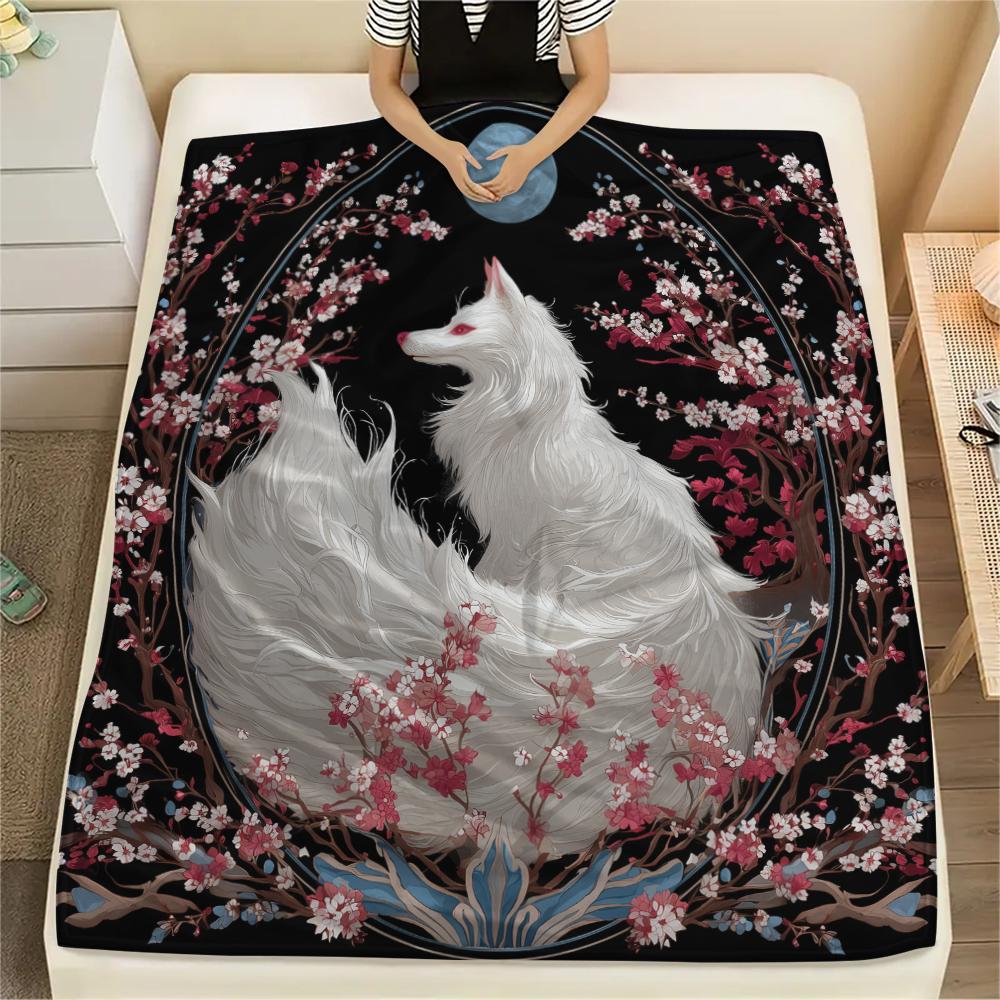 White Fox pattern Flannel Blanket, High quality Comfortable for All Seasons, Home Decor, Warmth and Comfort, Perfect for Gifts.