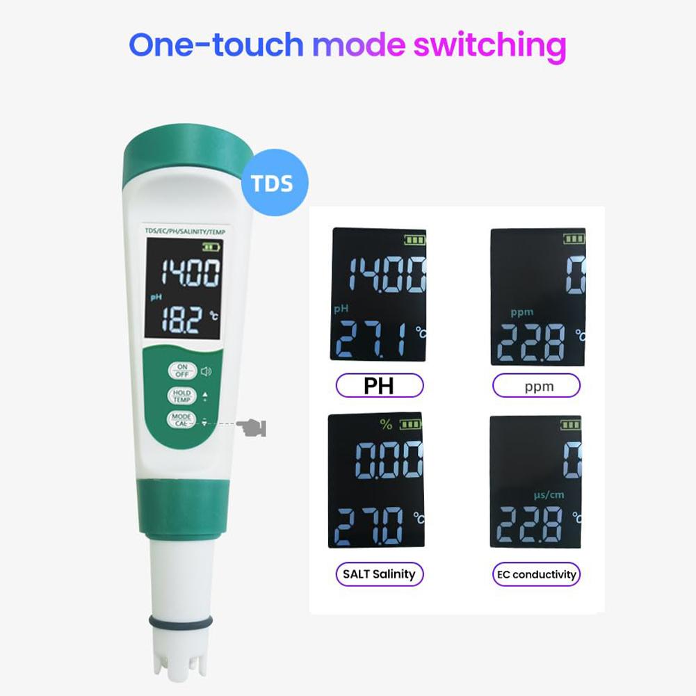 5-in-1 Drinking Water Tester Water Quality Tester High Accuracy Digital PH Tester PH/EC/TDS/Salt/Temp Meter for Pools Aquariums