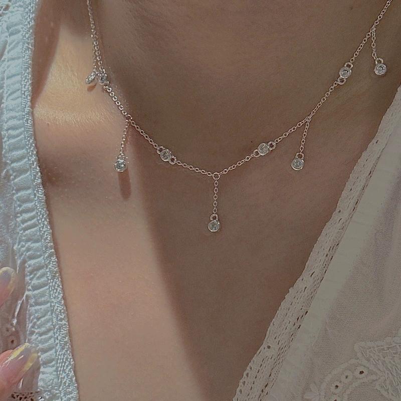 FY-24TL43 S925 Silver Korean Version of Small Niche Design Vintage Zircon Tassel Necklace Korean Style Minimalist Fashionable