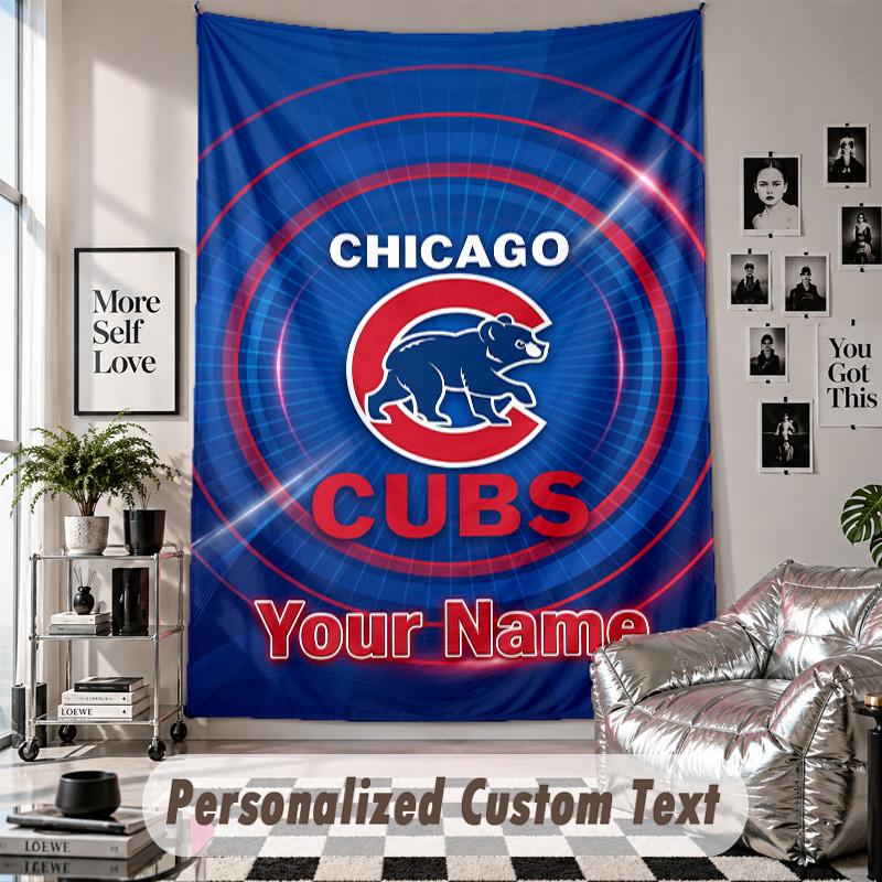 Wall Hanging Tapestry With Custom Name & Text, Chicago Cubs Decorative Tapestry For Bedroom