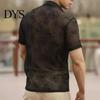 Men Casual Resort Wear Shirt Summer See-through Mesh Rose Pattern Turn-down Collar Short Style Floral Sleeves Single-breasted Mid Length Cardigan