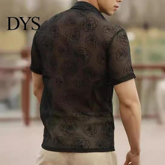 Men Casual Resort Wear Shirt Summer See-through Mesh Rose Pattern Turn-down Collar Short Style Floral Sleeves Single-breasted Mid Length Cardigan