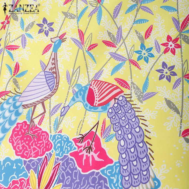 ZANZEA Women Summer Round Neck Ruffles Short Sleeve Casual Print Dress