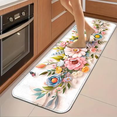 1Pcs Anti Fatigue Kitchen Rugs Pink Rose Print Waterproof Non-Slip Thick Cushioned Kitchen Mat Heavy Duty Comfort Standing Mat for Kitchen
