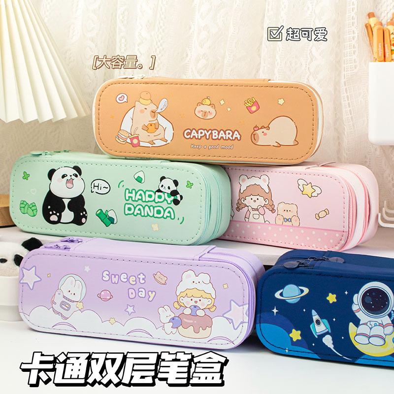 

School season cute double pencil case large capacity cartoon stationery storage pencil case general stationery box for primary school students double layer