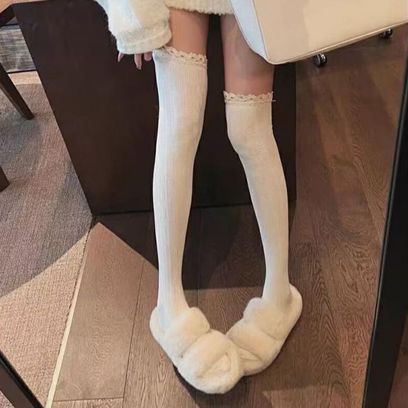 Herfst/Winter Preppy Stijl Sokken tot Over de Knie met Kantrand Effen Kleur Verticale Strepen Compressiekousen