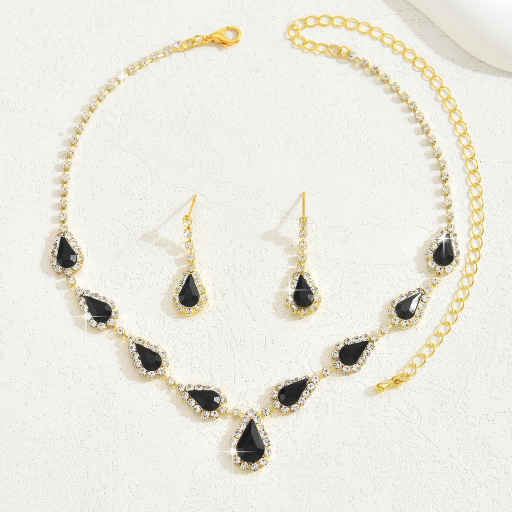 Modisches schwarzes Kristall-Halsketten-Ohrring-Schmuckset, vollbesetzt mit Diamanten, zweiteilig, Mode