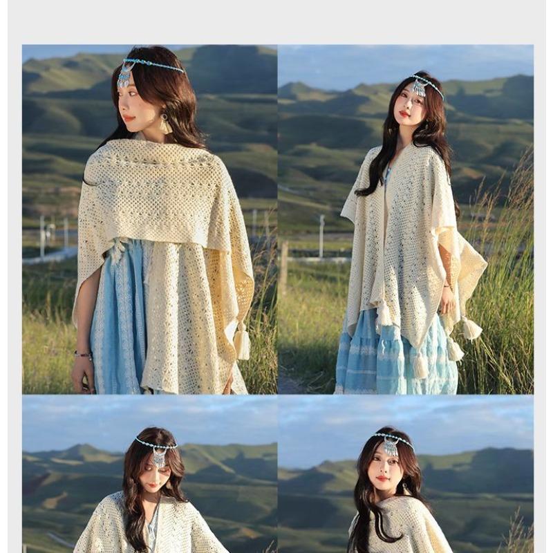 Plášť v etnickém stylu v jednobarevné variantě Dámský pletený svrchní oděv Yunnan Lijiang Xinjiang Xizang Cestovní foto plášť Plášť Kabát