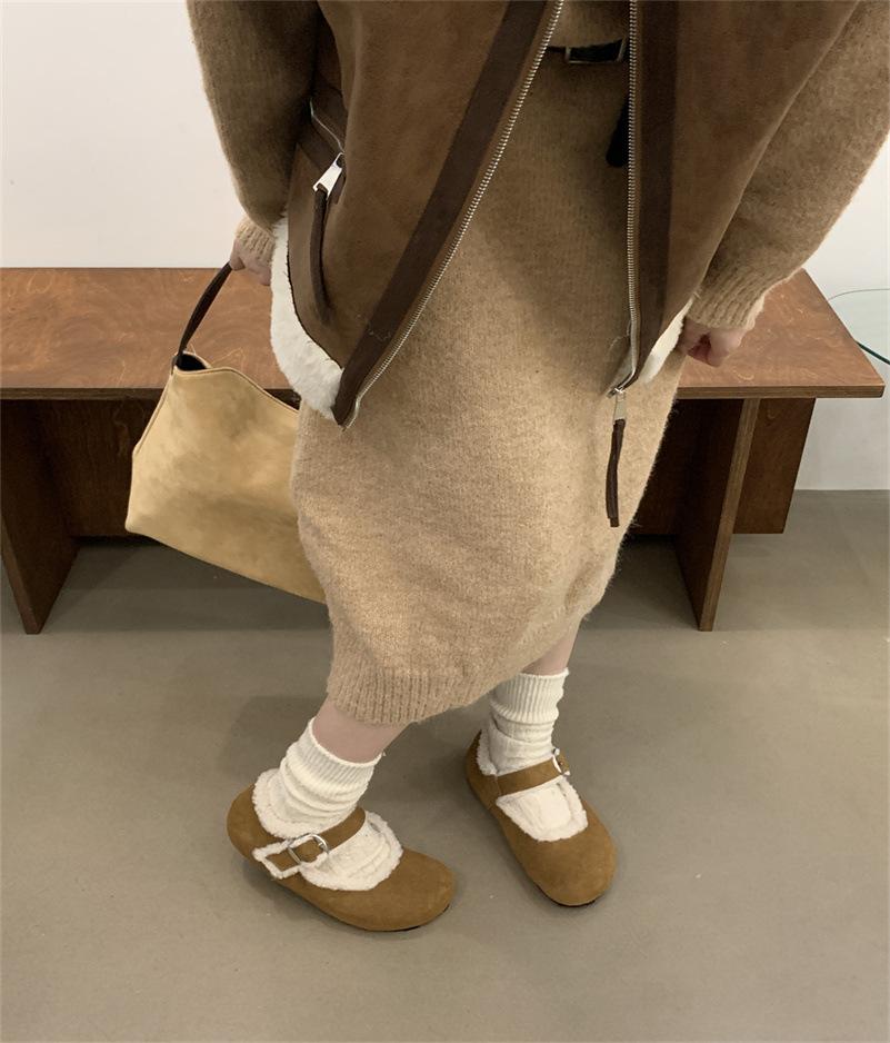 Platform Birkenstocks women's velvet snow boots 2025 new winter small inner height increase fashion loafer cotton shoes