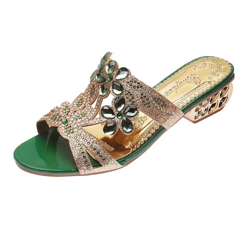 Rhinestone Low Heel Woman Slippers Outside Sandals 39 Unique Slides Chic and Elegant Shoes for Women Korea Style Shoe Wholesale