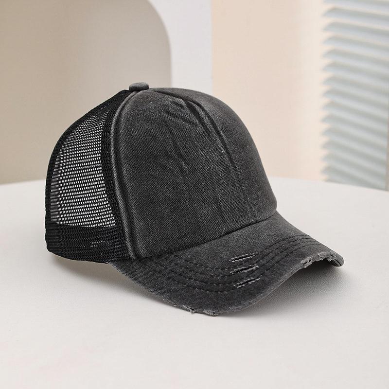 Fashionable Glossy Solid Color Washed Sponge Top Mesh Baseball Cap, Classic Perforated and Fringed Sunshade Baseball Cap