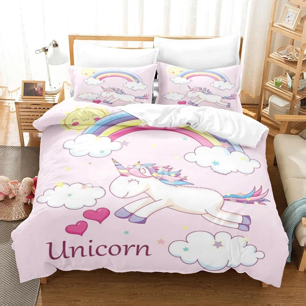 Cartoon Unicorn Duvet Cover Set KingQueen Size Cute Pink Blue Fairy Tale Animals Polyester Bedding Set for Girls Kids