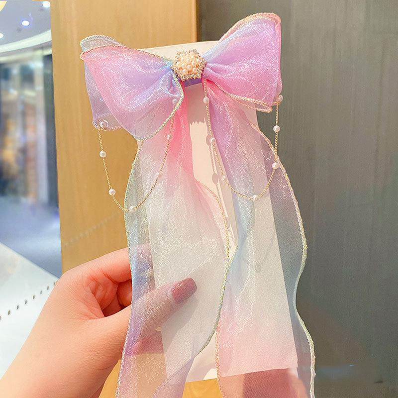 Baby Girls Cute Elegant Mesh Bow Ribbon Clips with Faux Pearl Tassel Decoration Hair Accessories for Party Performance