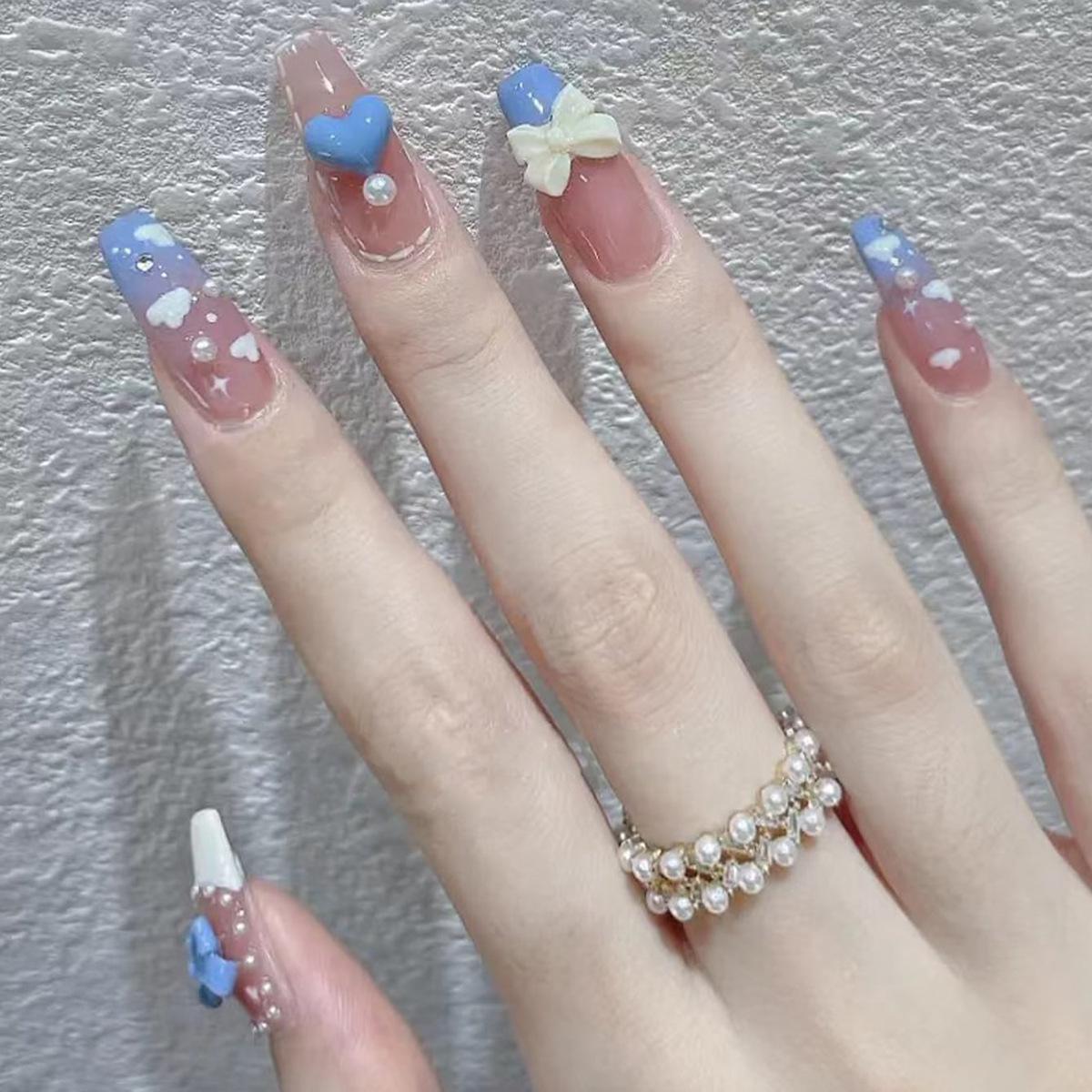 

Handmade Long Coffin Heart Bowknot Luxury Wearable Nail Tips
