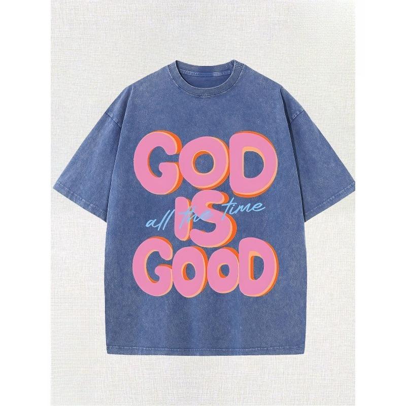 

GOD IS GOOD All the Time Letters Pattern Printing Street Style Old Washed Cotton T-shirt Is Suitable for Thanksgiving, Christmas and Other Holidays 5XL синій