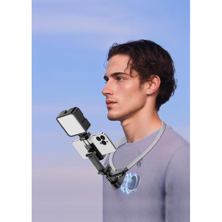 Magnetic Neck Phone Holder with Light, Hands Free Selfie Neck Tripod Chest Mount Phone Holder Filming for iPhone 16 Samsung GoPro DJI Insta360, Neck