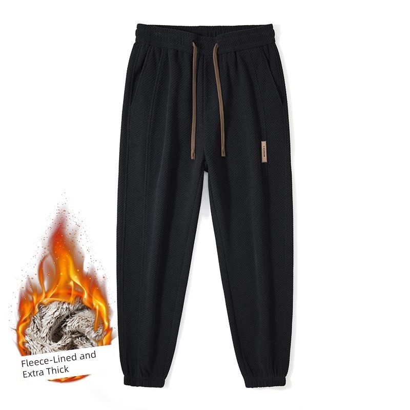 2025 New Style Fleece-Lined Casual Cropped Pants for Men, Loose Fit, Versatile, Trendy, Comfortable, Drawstring Jogger Pants Black Fleece-Lined L