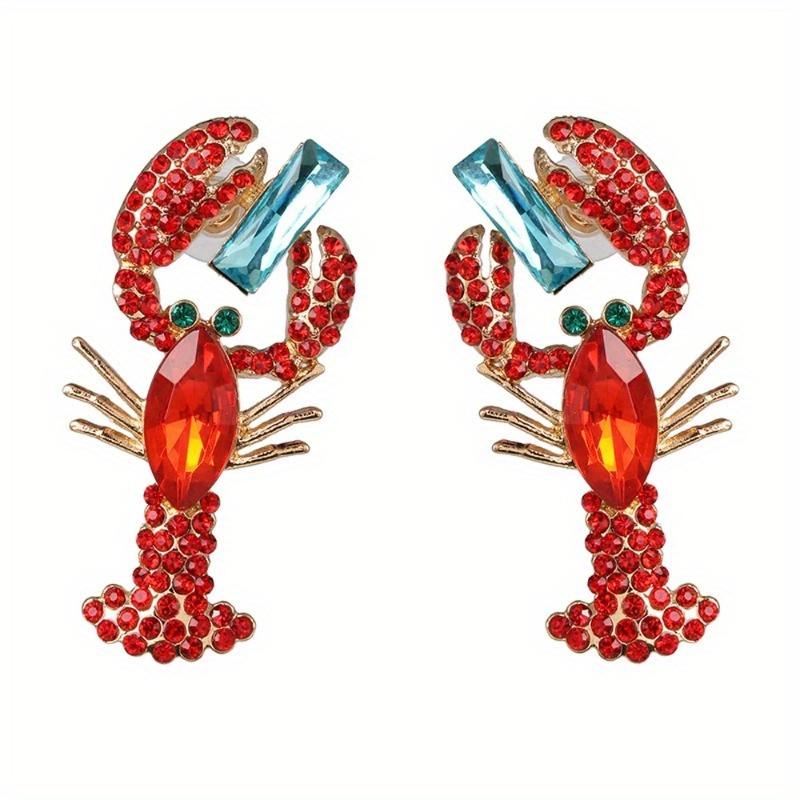 1 Pair Red Rhinestone Lobster Earrings Alloy Shiny Crayfish Dangler for Women Fashion Personality Drop Earrings Crystal Earrings
