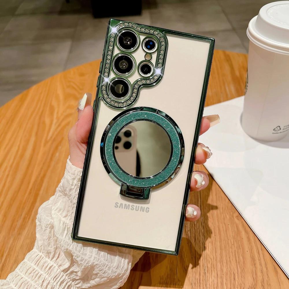 Luxury Diamond Plating Clear Magsafe Case For Samsung Galaxy S24 S23 Ultra S22 Plus Mirror Glitter Stand Holder Shockproof Cover