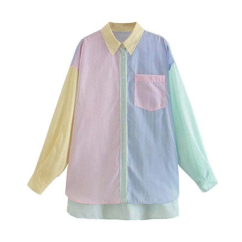 Pinstripe Color Matching Color Contrast Loose Boyfriend Style Shirt Longer in the Rear Long Sleeves Beach Summer New Arrival European and American Hot