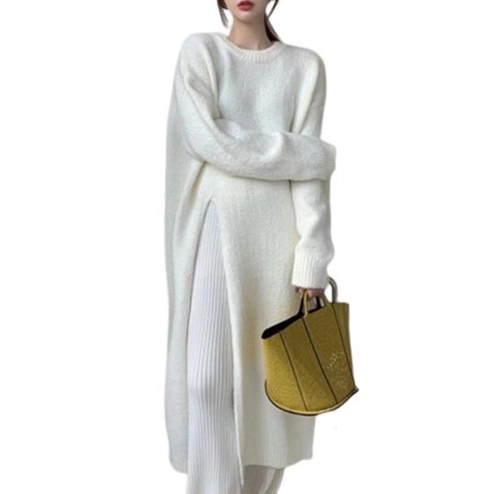 O-Neck Long Sleeve Solid Color Loose Fit Pullover Sweater Autumn Winter  Side Split Midi Sweater Dress Female Clothing  buy the best products in  the Ayzeze online store