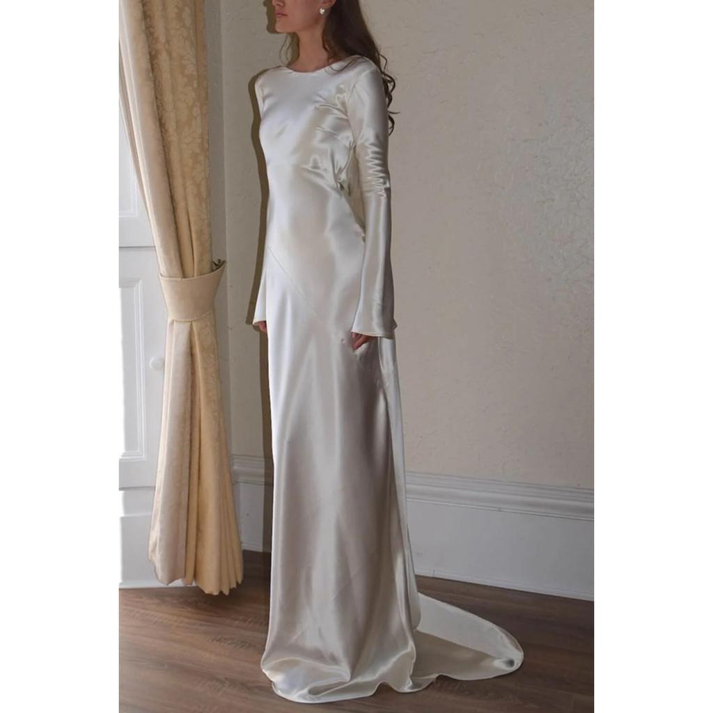 Women's Sexy Backless Mermaid Maxi Dress, Solid Color Round Neck Slim Fit Evening Gown for European American