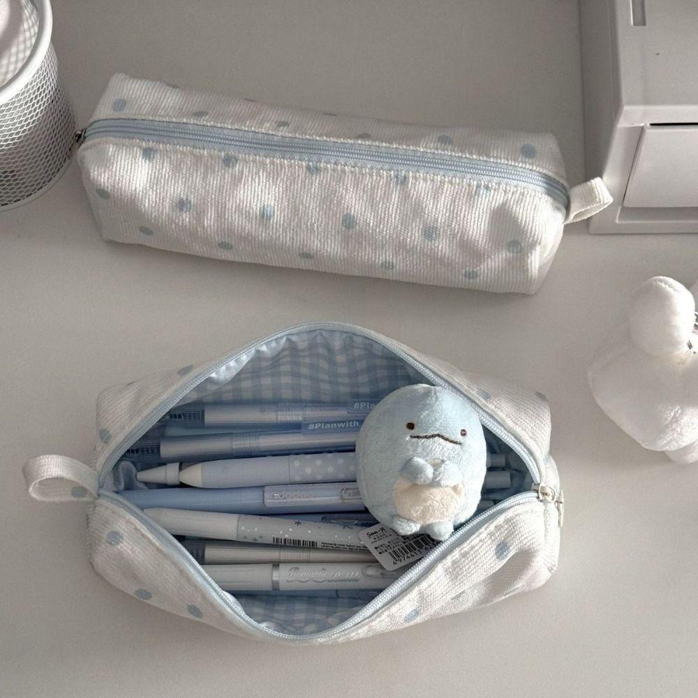 Portable Cream Color Pencil Case Multi-functional Polka Dot Pen Bag Large-capacity Stationery Pouch School Supplies